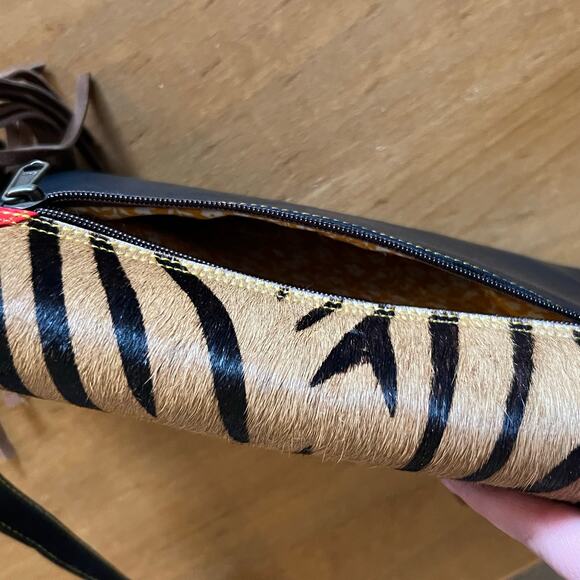 Folklore Couture Crossbody Bag Green Leather Tiger Print Red Fringe Boho Western - Picture 5 of 6